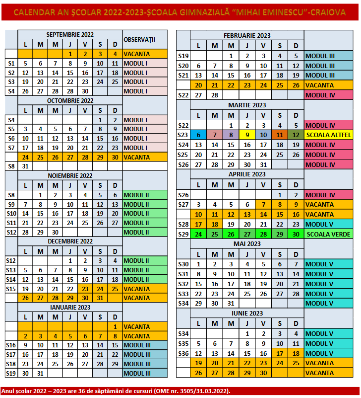Calendarul anului școlar 2022-2023